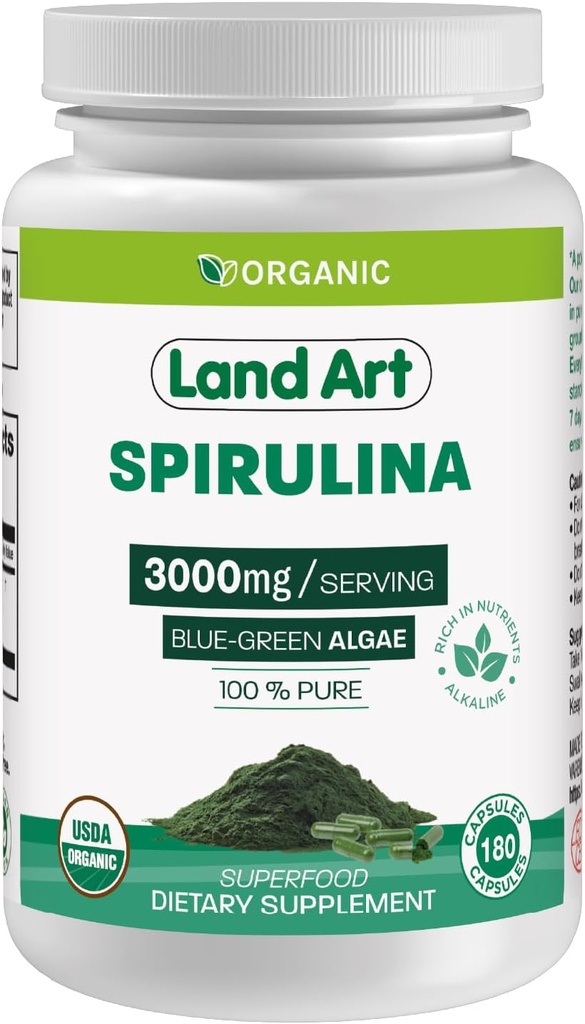 Land Art Certified Organic Spirulina - 180 capsule - Superfood- bogat în minerale, vitamine și proteine - Vegan