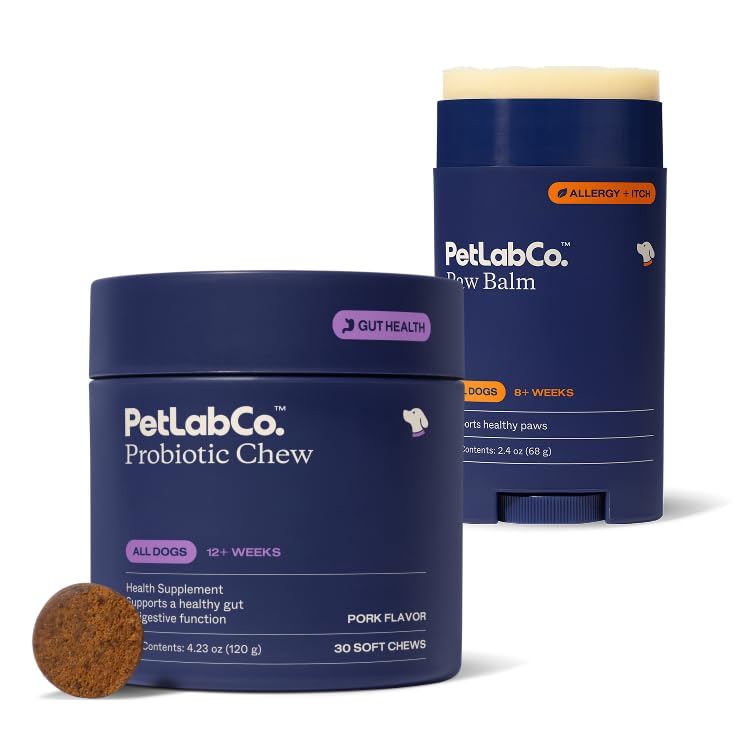 PetLab Co. Lab & Probiotic Bundle: Dog Paw Balm pentru a sprijini Paws uscat, crăpat 2.4 Ounces & câine Probiotice pentru sănătate gută, Alergii sezoniere, piele & ureche Drojdie 30 Count