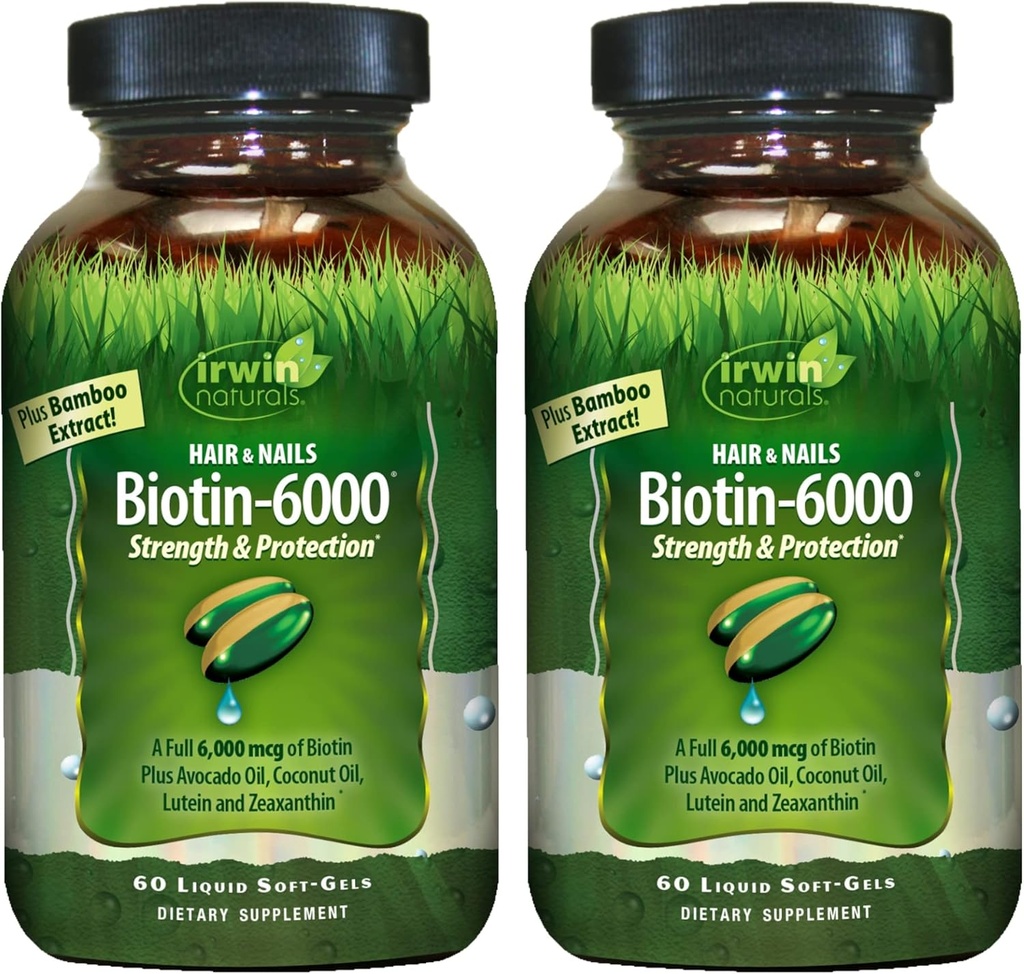 Irwin Naturals Biotin-6000-60 Soft-Gels lichid, Pachet de 2 - Suporturi Putere si protectie pentru par si unghii - cu ulei de avocado, ulei de cocos, lutein & Zeaxantină - 60 Serviri totale