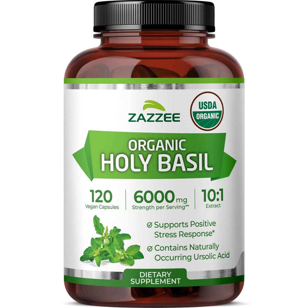 Zazzee USDA Organic Holy Basil 10:1 Extract, 6000 mg Putere, 120 capsule Vegan, concentrat și standardizate 10X Extract Tulsi, Acid Ursolic, 100% Certified Organic, Non-GMO