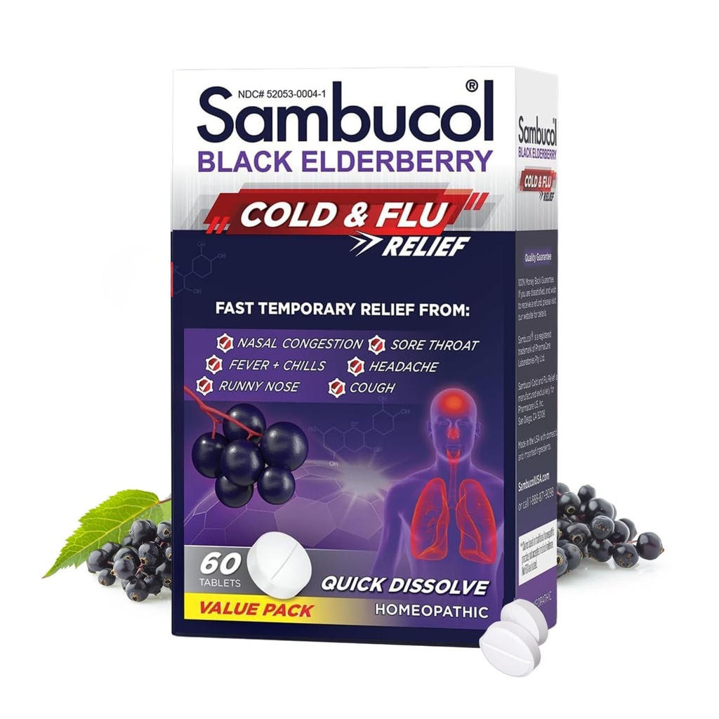 Sambucol tablete de relief pentru răceală și gripă - Homeopatic Rece Medicine, Rece Remediu pentru adulți, Black Elderberry pentru răceli, Zinc rece Remediu - 60 Conte
