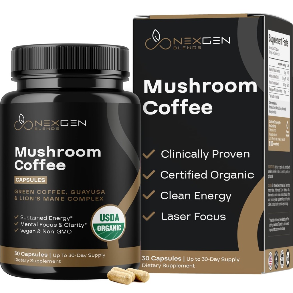 100% capsule de cafea cu ciuperci organice - Suplimentul de energie naturală cu 130mg Cafeina de la Clinic dovedite Patentat Green Bean & Guayusa extracte pentru Jitter-Free Energy & Focus (30 Serviri)