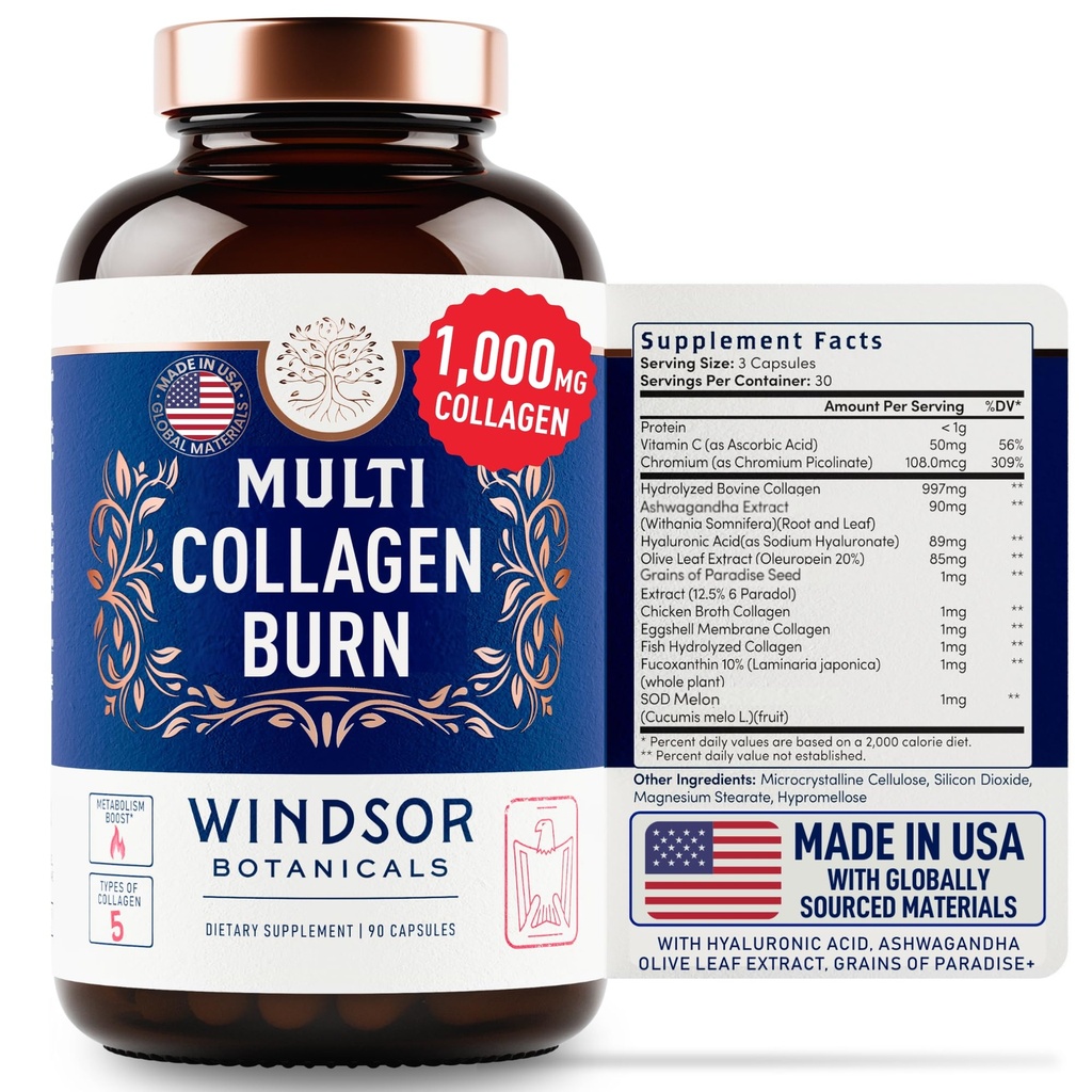 Capsule termogenice multicolagen Burn - Hidrolized Multi Colagen Complex Tipuri I, II, III, V, X, Marine Colagen, Acid hialuronic - Beauty and Anti-Aging Supliment pentru femei și bărbați - 90 pastile