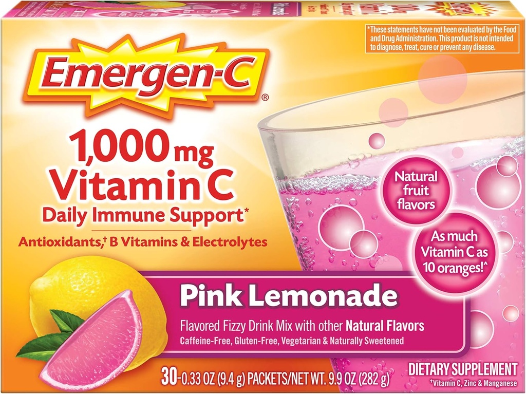 Emergen-C 1000mg vitamina C pulbere, cu antioxidanți, vitamine B și electroliți, Suplimente de imunitate pentru suport imunitar, Cafeina Free Fizzy Drink Mix, Roz Lemonade Flavor - 30 Conte (Pachet de 12)