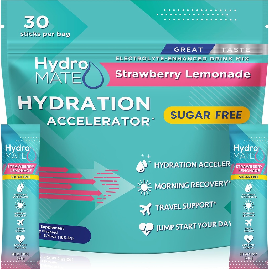 Electrolit Pudră de zahăr-Free Hidratare Pachete de căpșuni Limonadă HydroMATE 30 Sticks
