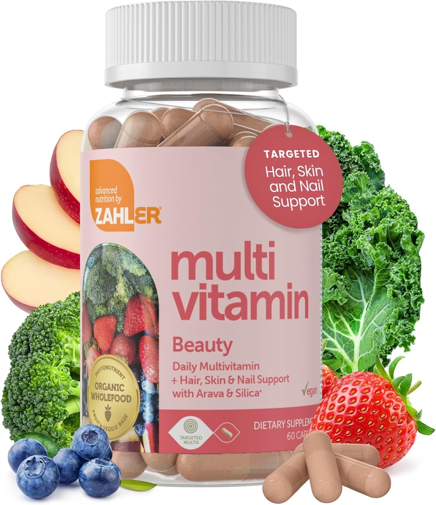 Zahler Multivitamine Beauty, Daily Multivitamine + Skin Hair and Nails Support, for Women and Men with Iron, Certified Kosher, 60 Capsule