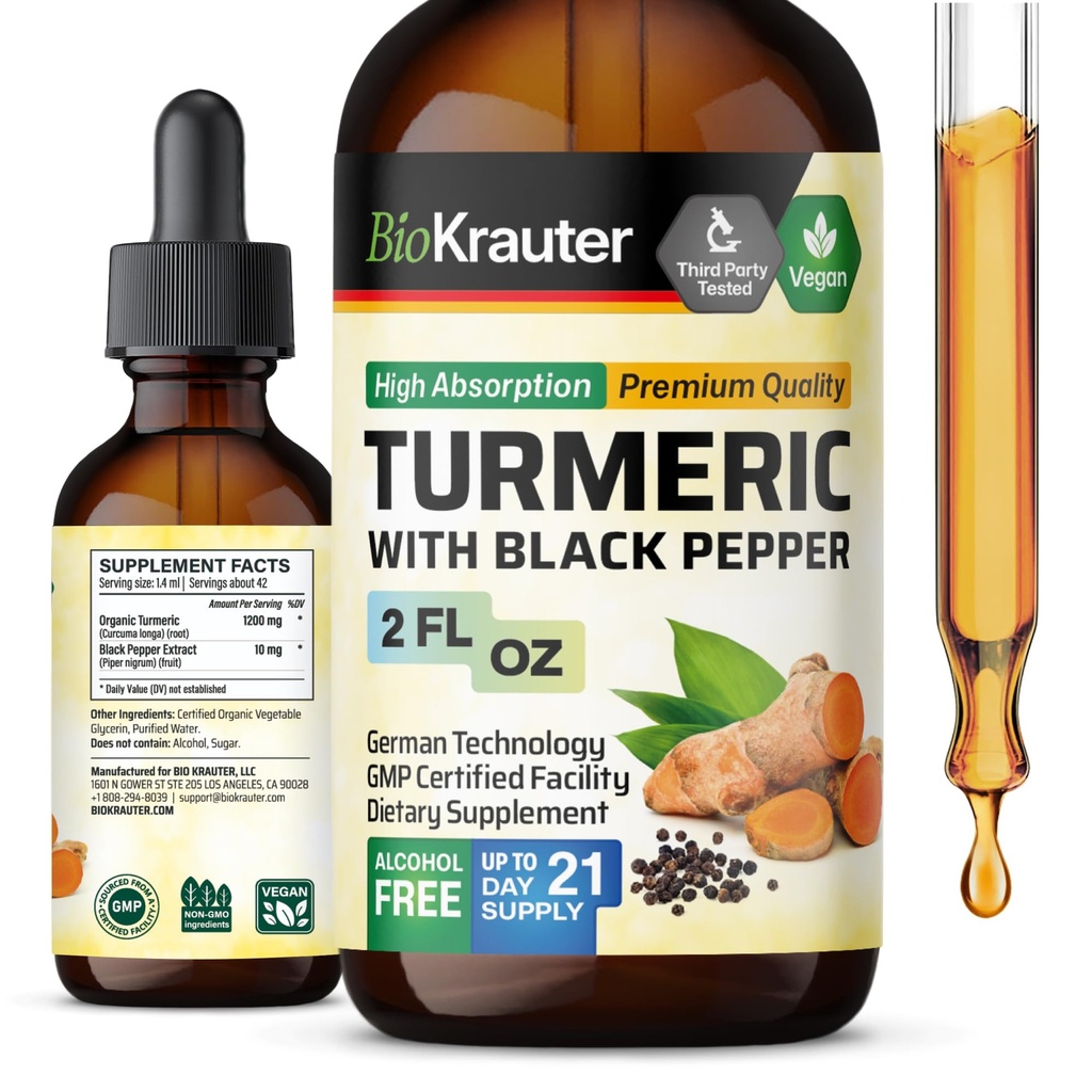 BIO KRAUTER Supliment Turmeric Tinctură - 1200 mg Curcumin Turmeric cu extract de piper negru - Alcool și zahăr fără - Picături Vegan 2 Fl.Oz.