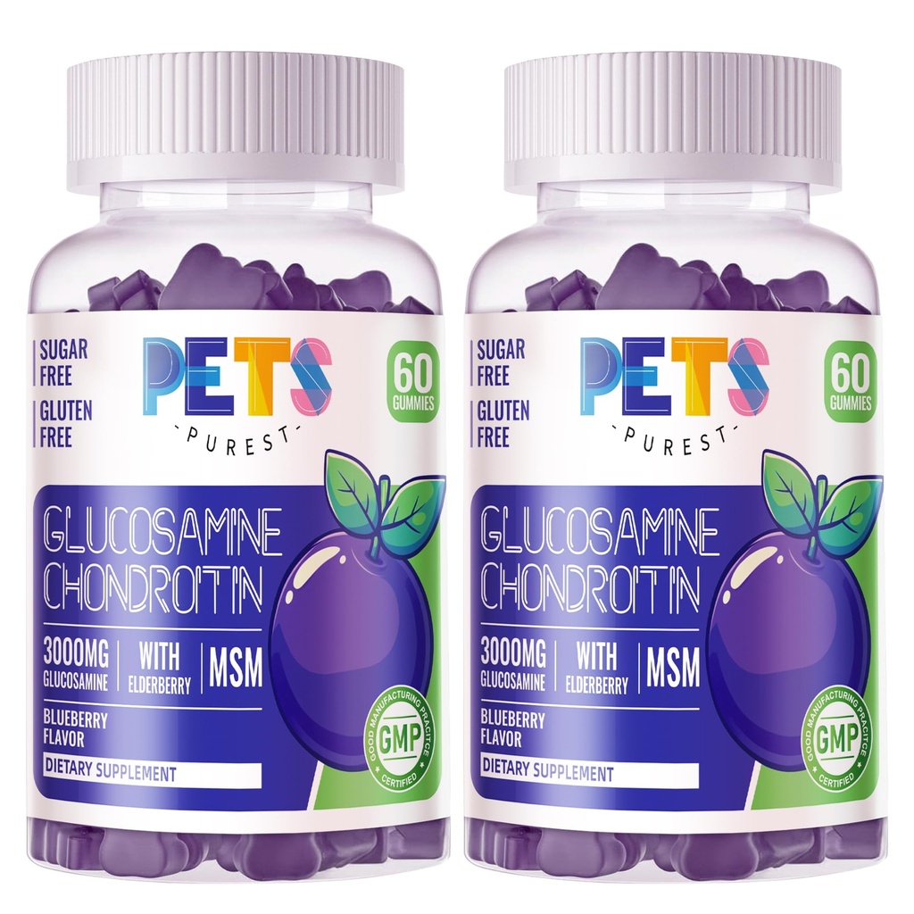 Animale de companie Purest Glucosamină Chondroitin Gummies cu MSM & Elderberry Extra Putere - Suport comun, Supplement de sprijin imun antioxidant pentru adulți, Bărbați și femei.(2 Pack) Afine
