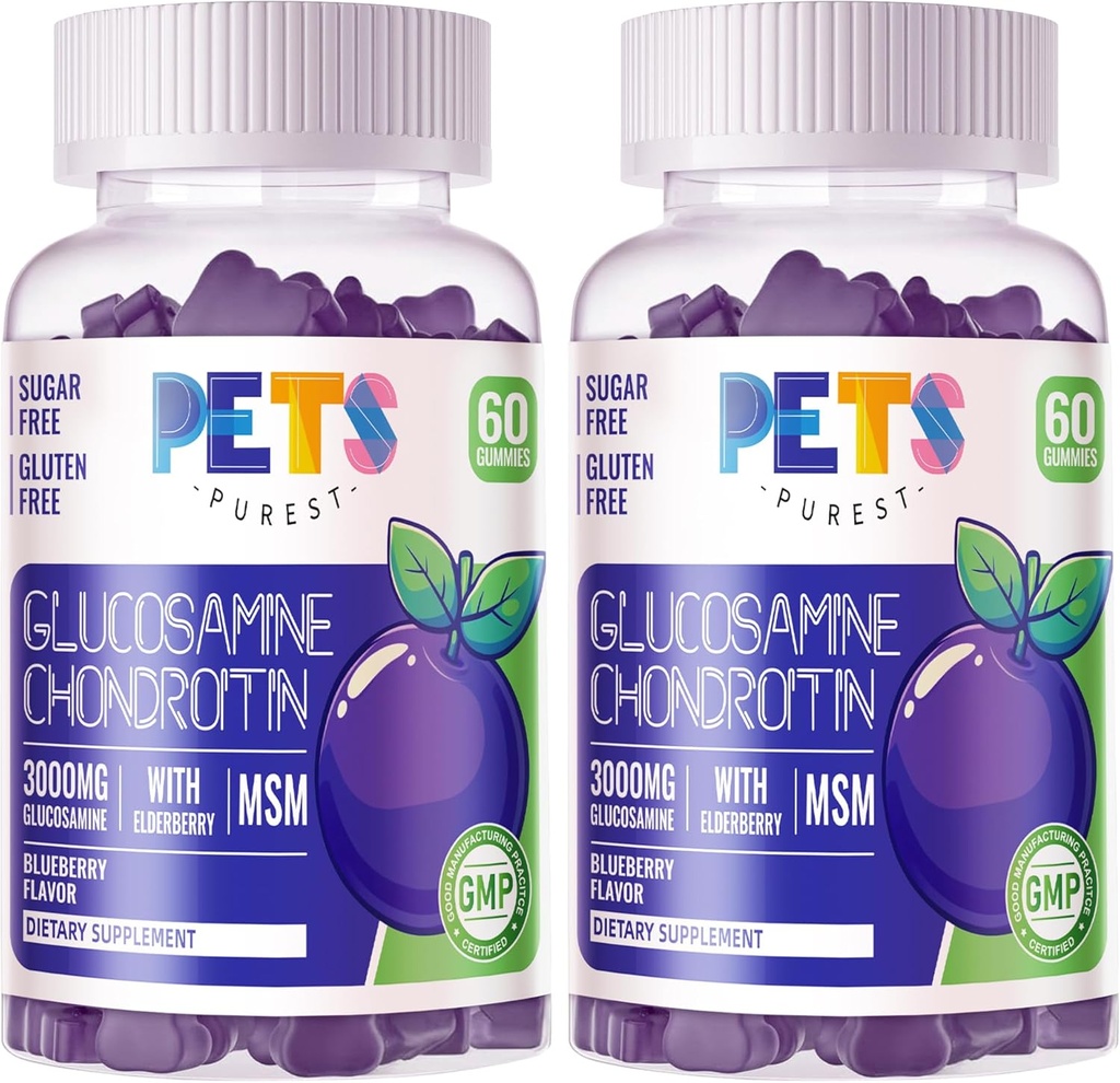 Animale de companie Purest Glucosamină Chondroitin Gummies cu MSM & Elderberry Extra Putere - Suport comun, Supplement de sprijin imun antioxidant pentru adulți, Bărbați și femei.(2 Pack) Afine