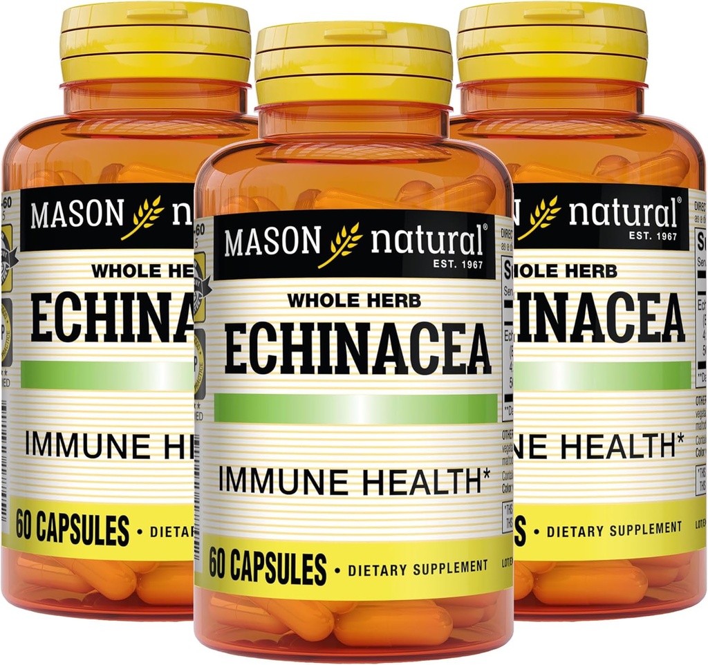 MASON NATURAL Echinacea, Booster Sistem imunitar, Suporturi Sănătate generală, Supliment vegetal, 60 Capsule (Pachet de 3)