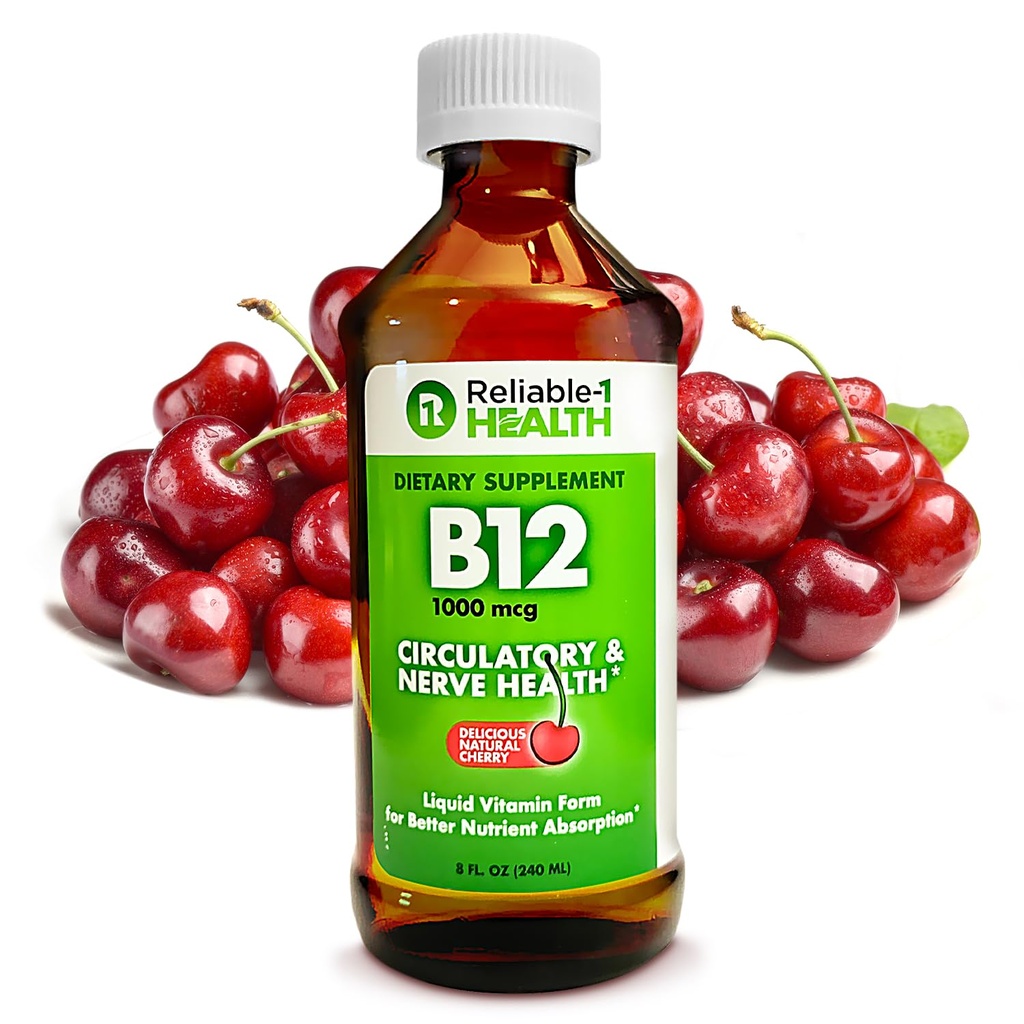Fiabilă-1 Laboratoare Lichid Vitamina B12 Suplimentul zilnic 1000mcg pentru bărbați adulți și femei - Aroma de cireșe naturale