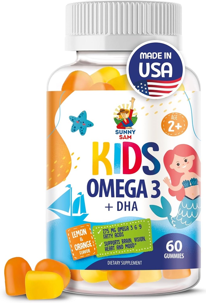 Omega 3 Gume pentru copii și adulți - 60 Gume masticabile - Fără ulei de pește Vegan Omega 3 6 9 DHA Gummy Supliment