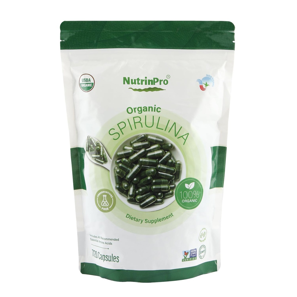 NUTRINPRO USDA Capsule Spirulina organică - 100% Pure Vegan Supliment, Non-GMO, Gluten-Free, Chemical-Free, (720)