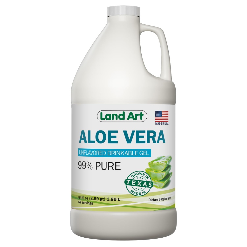 Land Art - Organic Aloe Vera Gel Drinkable for Heartburn & Acid Reflux Reflux Relief - 99,7% Pure - Rece-Processed - Îmbunătățește Digestive Health - Soothing and Natural - Vegan & Gluten-Free - 64 fl oz