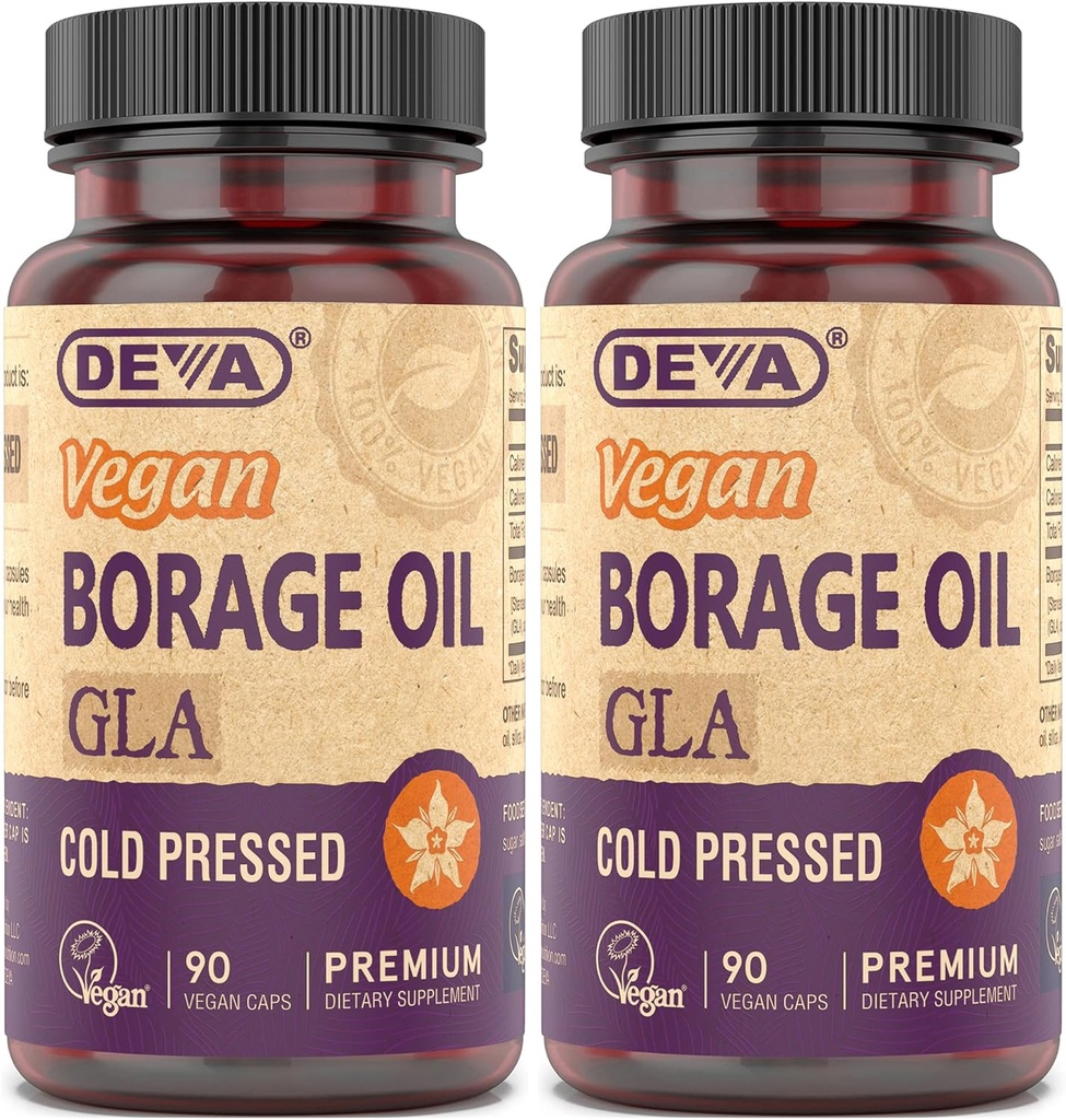 Deva Vegan Vitamine, Borage Oil 500mg, Sursa de Omega-6 GLA acid gras (Gamma Linolenic Acid), Rece-Pressed & Nerafinat, 90 comprimate (Pachet de 2)
