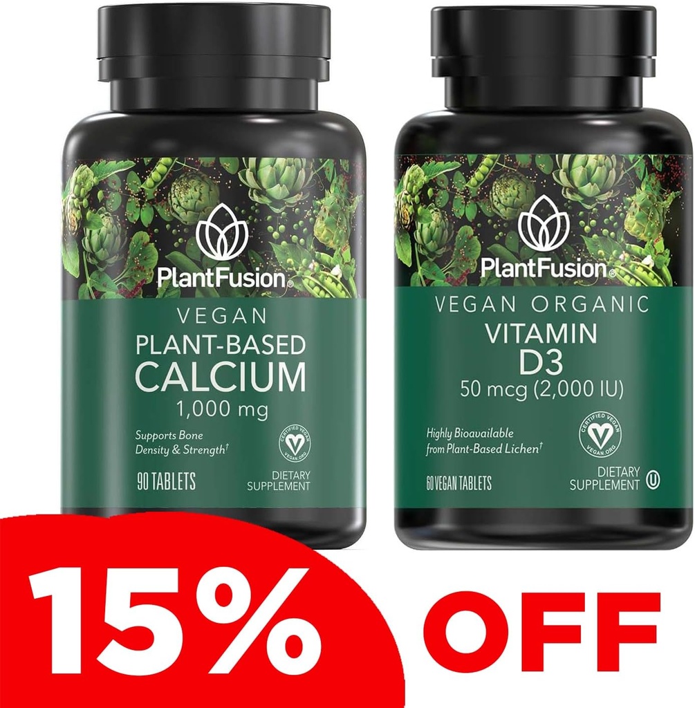 PlantFusion Vegan Calciu & D3 Bundle - Premium pe bază de plante de calciu 1000mg și D3 2000UI Suplimente pentru creșterea oaselor, Densitate, și rezistență și suport imunitar