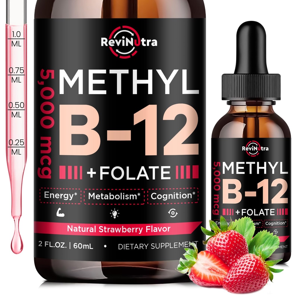 Vitamina B12 lichid picături, B12 vitamine 5000 mcg, vitamina B Complex Supliment cu metilcobalamină B12 Sublingual, vitamina B6, Folate pentru energie, creier, Heart Health, Vegan căpșuni Flavor 2 Fl Oz