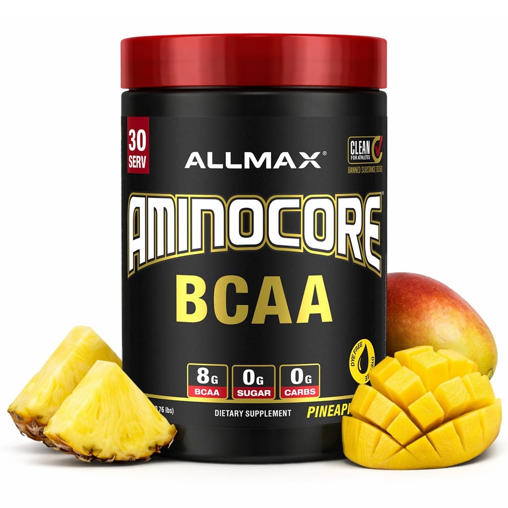 ALLMAX Nutritie AMINOCORE BCAA Powder, 8.18 Grams de Aminoacidi, Intra si Post Workout Recovery Drink, Gluten Free, Ananas Mango, 315 g
