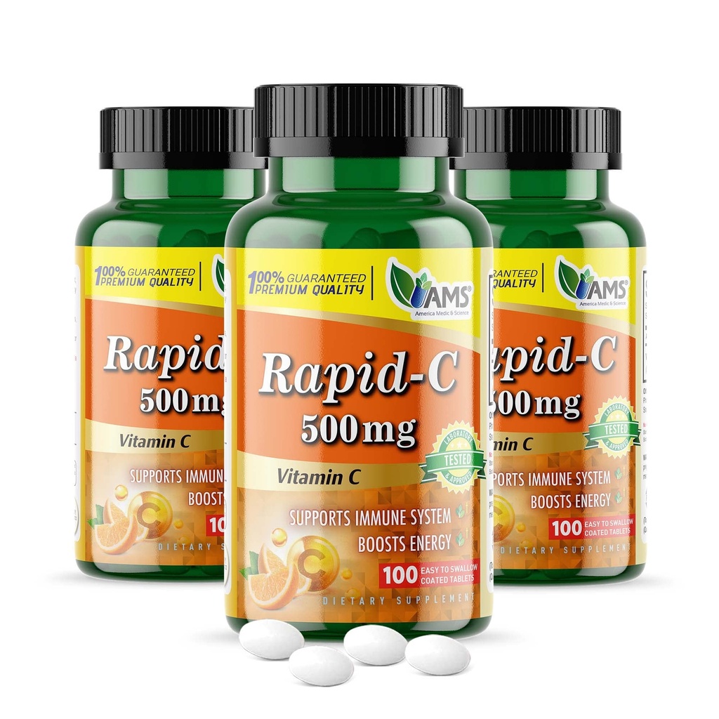 America Medic & Science Rapid-C 500mg Vitamina C Supliment (3 Pachet de 100 comprimate) Booster de energie, Daily Immune System Support, Antioxidant 