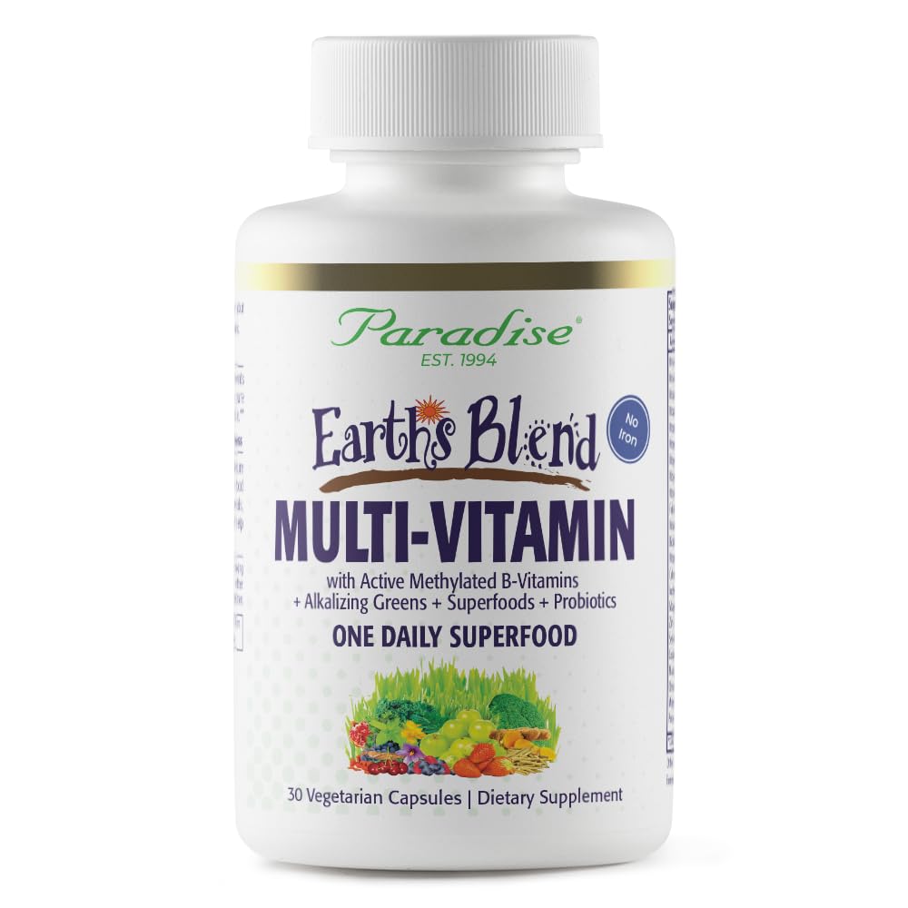 Paradise Herbs Earth's Blend Once Daily Multivitamine for Men, No Iron, 48 Organic Superfoods, Probiotics, Antioxidanti, Vitamine A, B12, C, D, K2, 30 Count