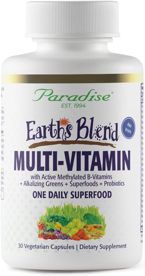 Paradise Herbs Earth's Blend Once Daily Multivitamine for Men, No Iron, 48 Organic Superfoods, Probiotics, Antioxidanti, Vitamine A, B12, C, D, K2, 30 Count