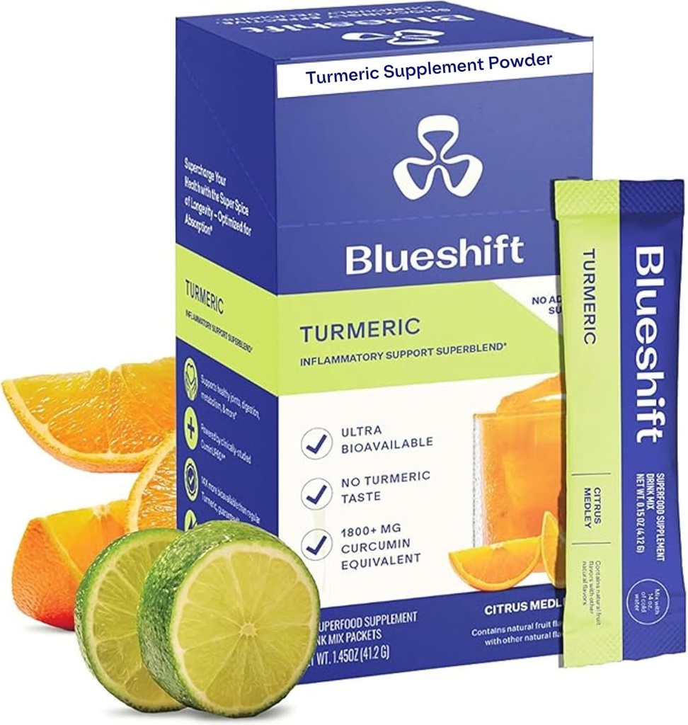Blueshift Turmeric Citrus Medley - Pachete cu pulbere turmerică pentru apă, Curcumin Turmeric Supliment, fără zahăr băutură Mix pentru suport de recuperare naturală - Citrus Flavor, Sticks pulbere (10 ambalaj)