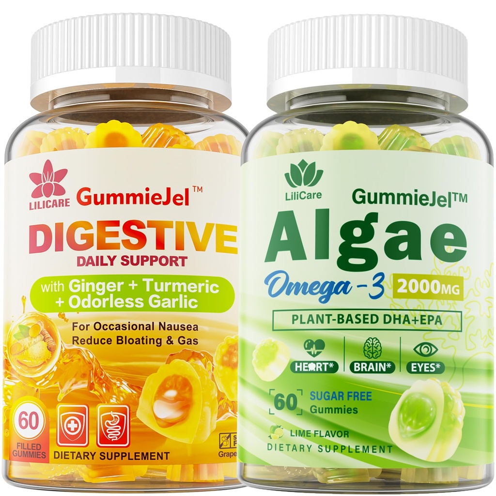 LILICARE Sugar Free Omega 3 Fatty Acid 2000mg Cu 640mg DHA & 290mg EPA, Multivitamine, CoQ10, Astaxanthin + Ginger Umpled Gumries for Great - Stomac Relief - Ultra Absorbție pentru suport digestiv