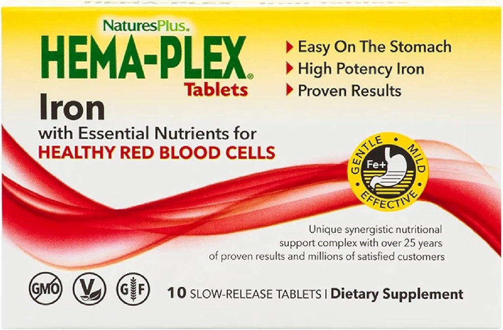 NaturasPlus Hema-Plex de fier - 10 comprimate lente-release - 85 mg de fier Chelated - Sănătatea totală a sângelui - cu vitamina C & Bioflavonoide - Vegan, Gluten gratuit - 10 serviri
