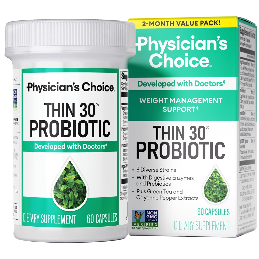 Medicului CHOICE Probiotice pentru managementul greutății și balonare - 6 tulpini probiotice - Prebiotice - ingredient cheie Cayenne - Sprijină Sănătatea gutei - Managementul greutății pentru femei și bărbați - Ceai verde - 60 CT