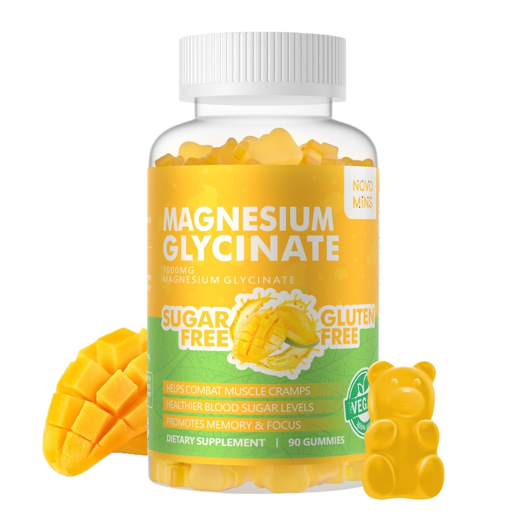 90 CT Magneziu Glycinate Gumries 1000mg - Zahăr supliment de potasiu fără magneziu cu vitamina D, B6, CoQ10 pentru suport calm Mood & Sleep - 90 Mango Ananas Gummies