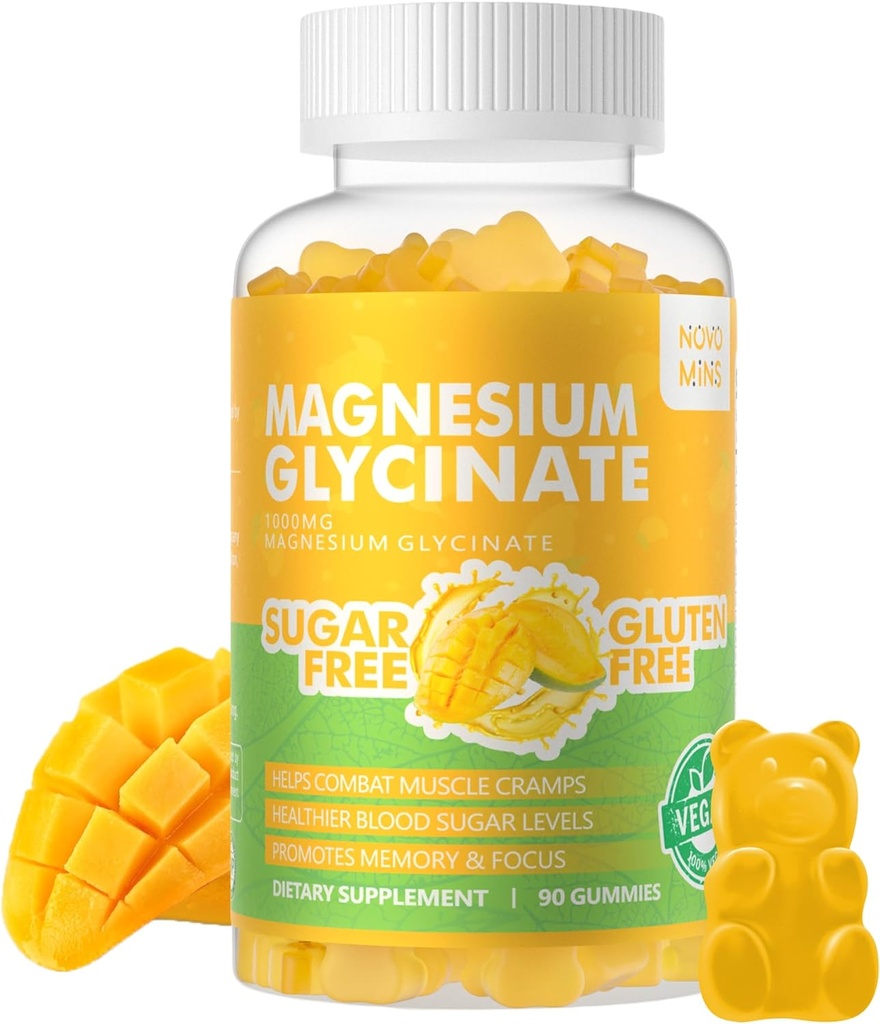 90 CT Magneziu Glycinate Gumries 1000mg - Zahăr supliment de potasiu fără magneziu cu vitamina D, B6, CoQ10 pentru suport calm Mood & Sleep - 90 Mango Ananas Gummies