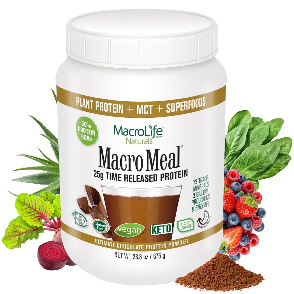 MacroLife Naturals MacroMeal Vegan praf de proteine Superfood Verzi Probiotice + Fibră, Energie imunitară Digestive Daily Essentials pentru femei și bărbați Gluten-Free - 23.8oz (15 Serviri) Ciocolată