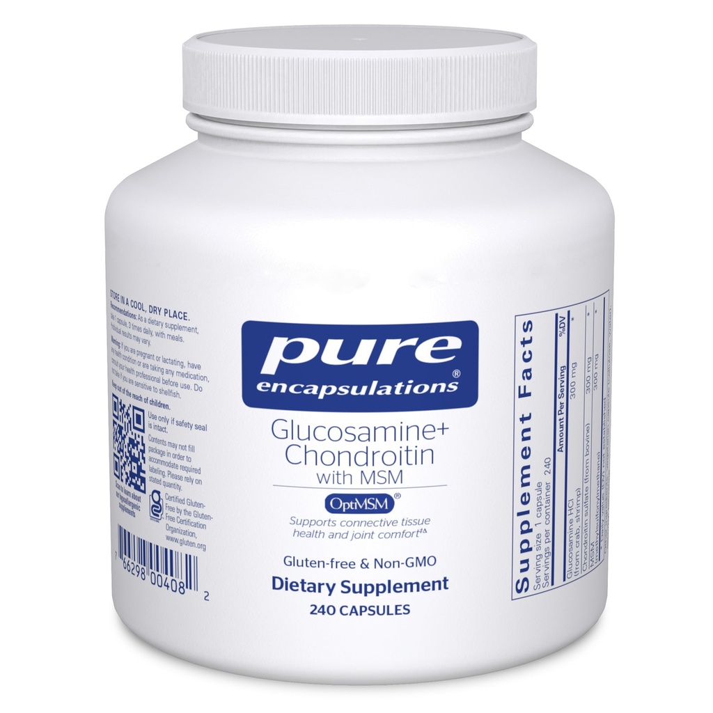 Încapsularea pură Glucosamină Chondroitin cu MSM - susţine formarea în comun de sănătate şi cartilaj normal * - menţine activitatea enzimatică - Gluten-free & non-GMO - 240 capsule