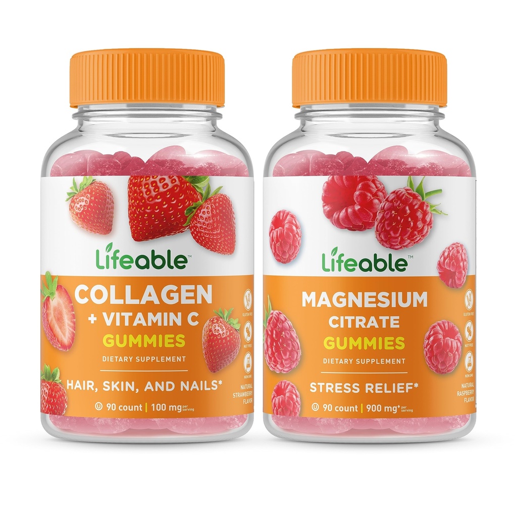 Colagen și vitamina C Lifeable + Magneziu, Gume Bundle - mare Tasting, Supliment de vitamine, gluten gratuit, OMG gratuit, guma de mestecat