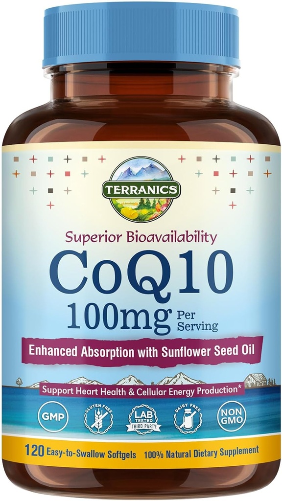 Terranics CoQ10 100mg, 120 Softgels, Absorbţie cu extra virgin ulei de măsline, Heart Health & Energy Production