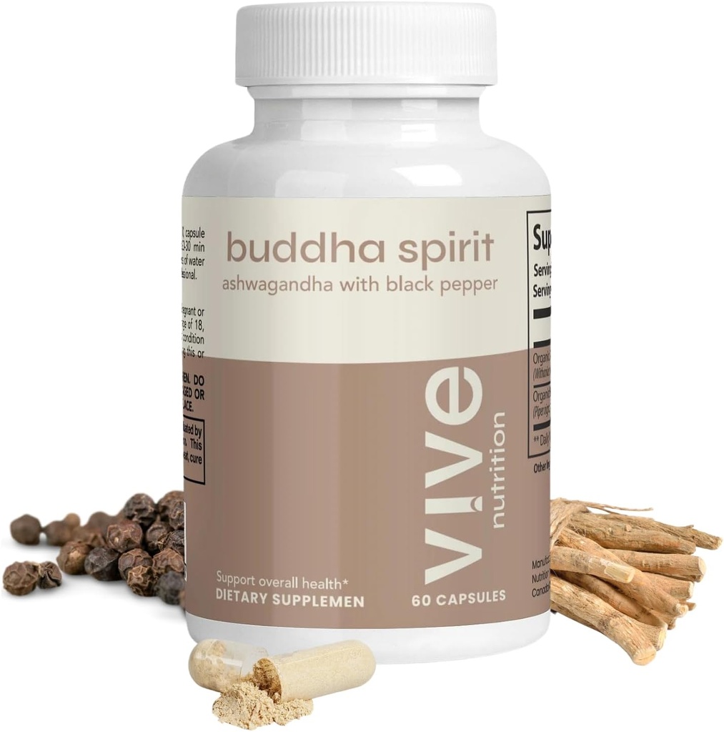 Buddha Spirit Capsule Ashwagandha cu Pepper negru - 100% Organic, Vegan & Gluten-Free - 60 Conte, 30 de zile de aprovizionare