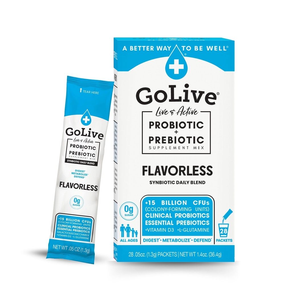 GoLive Prebiotic & Probiotic pentru femei, bărbaţi, copii. Pulbere synbiotică fără aromă, fără zahăr, w/ GOS, L- glutamină, vitamina D3, electroliţi. Pentru Gut Health, Digestion, Metabolism, Imunitate 15-50B CFU.