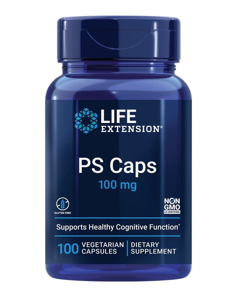 Extensie de viață Capace PS, fosfatidilserină, pentru performanța cognitivă, gluten-free, non-GMO, vegetarian, 100 capsule