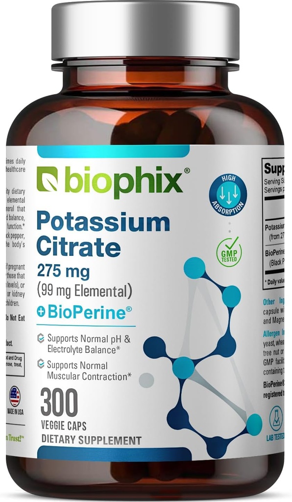 Biophix Potasiu Citrate 275 mg cu BioPerine 300 Veggie Capsule - Suportă Electrolit echilibru, Nervi., Funcţie musculară şi Heart Health