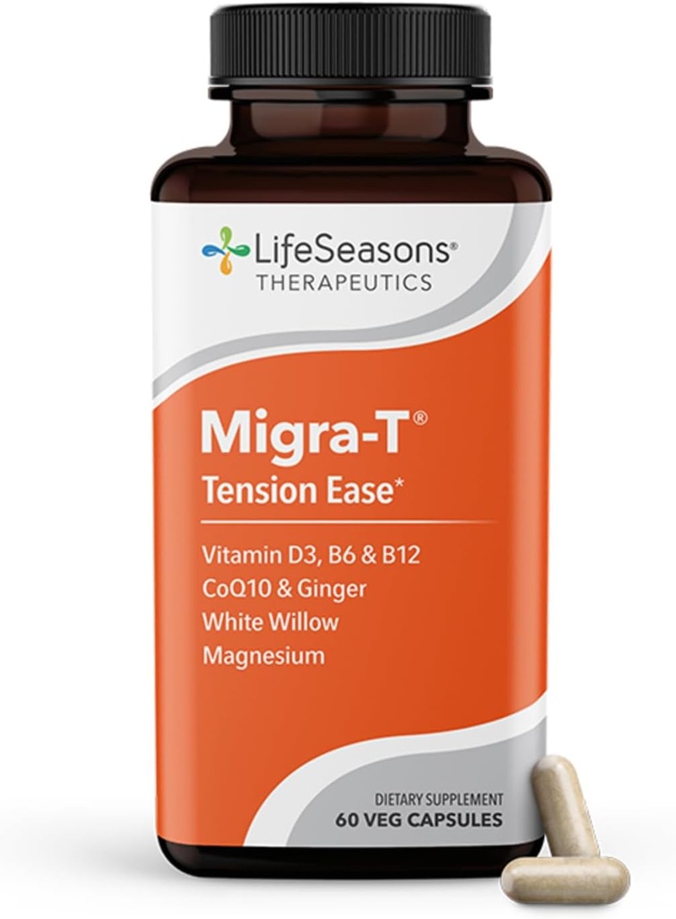 LifeSeasons Migra-T cu Relieve-R - Migrene Prevention & Relief Supplement - Suport pentru dureri de cap severe - Reduce Sunetul usor si sensibilitatea odor - Feverfeater, White Willow, Magneziu Ginger & CoQ10