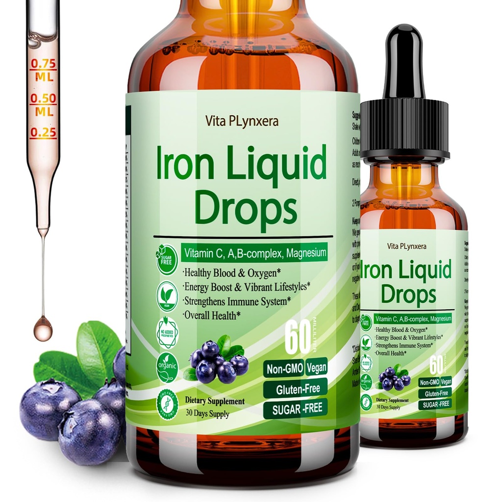 Supliment de fier lichid pentru femei Bărbaţi şi copii, picaturi de fier Vegan cu vitamina C D, B12, B-complex, Liquid potenţă ridicată cu multivitamine pentru anemie, suport energetic, sânge, magneziu blând