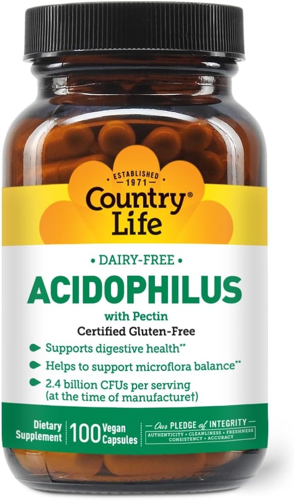 Country Life Acidophilus Probiotic Supliment pentru femei și bărbați - gratuit de Allergens comune - 2.4 Miliarde CFU pentru a sprijini Digestive Health - Dairy-Free, non-GMO, 100 Vegan capsule