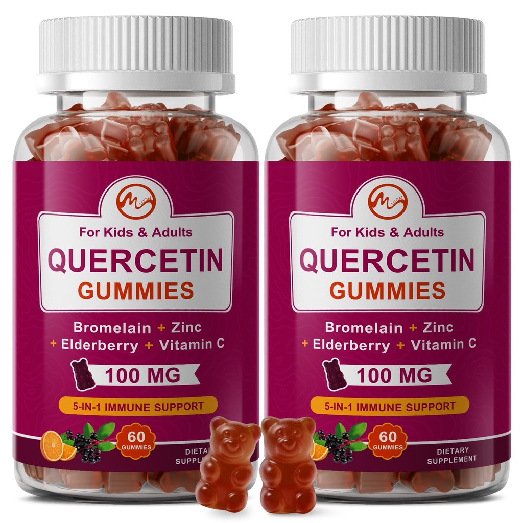 (2 Pack) Querbetin Gummies cu Bromelain, Elderberry, Zinc si Vitamina C - Querbetin chewable 700mg Supliment pentru Imunitate, Alergie, Asistenta imbatranire - Gume Vegane pentru Adult & Kid