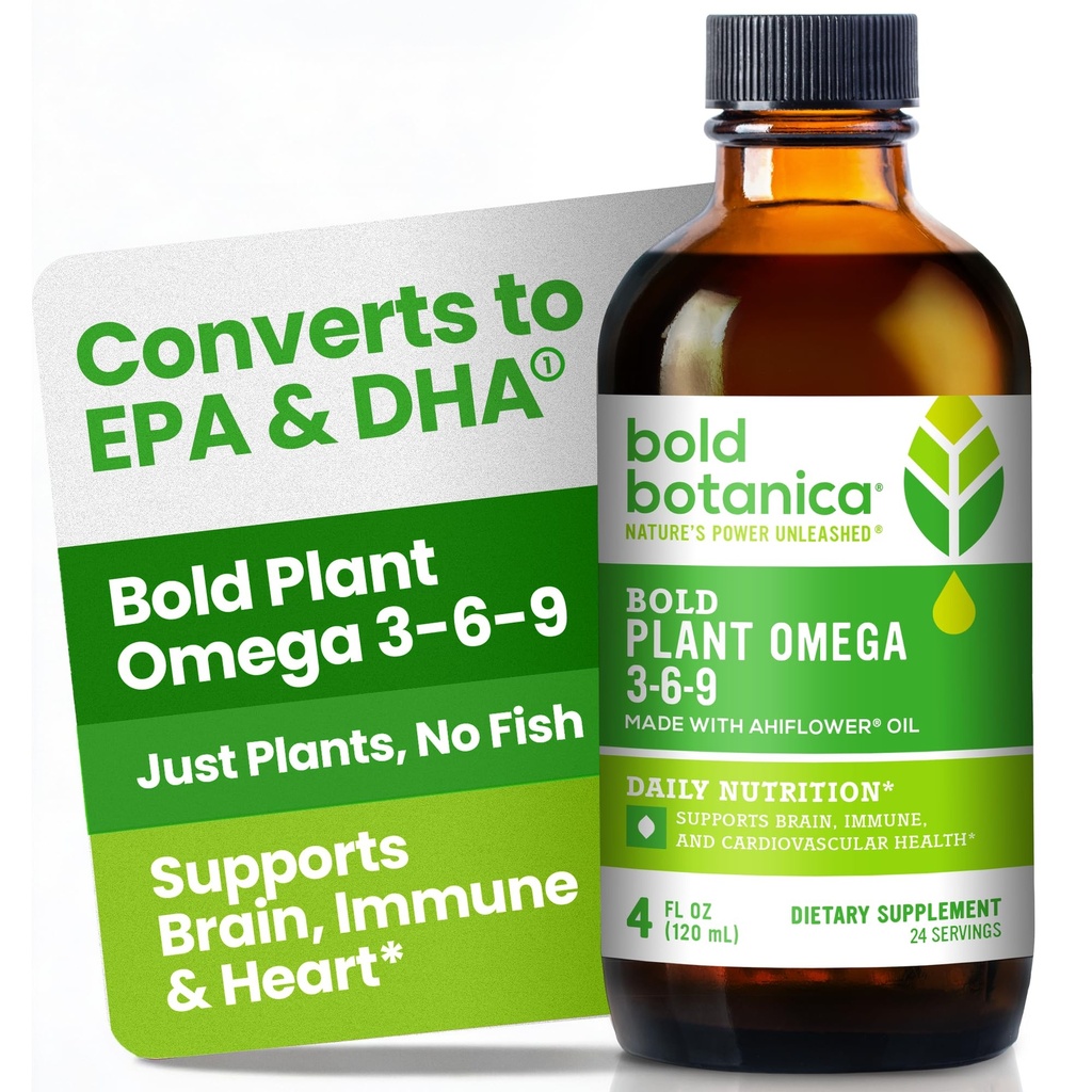 Bold Botanica Plant Omega 3-6-9, cu ulei de Ahiflower, Vegan Omega 3, Omegas complet pe bază de plante pentru creier si sanatate imuna, Mai bine decat Flax, Fish Free, Great Gust, Zahar-Free, Non-GMO, Lichid- 4 oz
