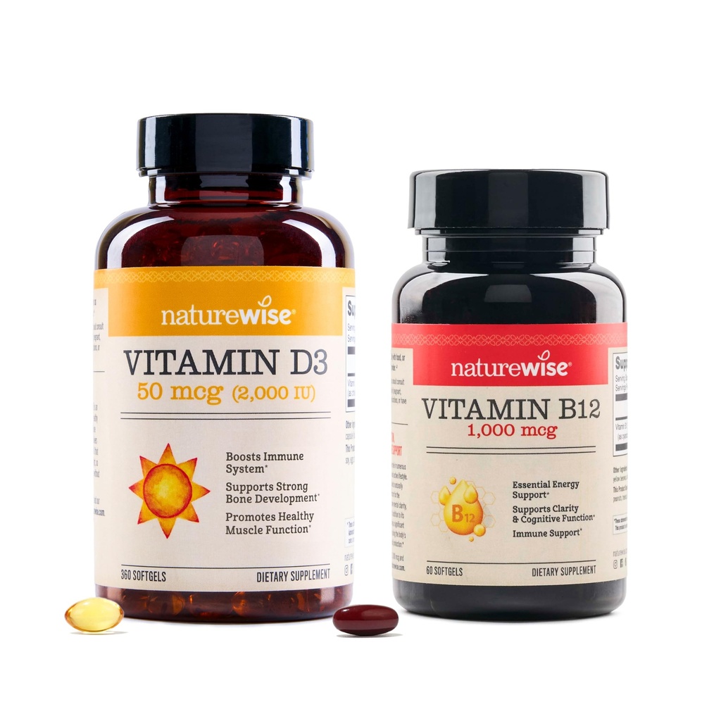 NatureWise Vitamina D3 2000iu 360 Conte şi vitamina B12 1000mcg 60 Softgels pentru energie, suport imun şi funcţie musculară sănătoasă