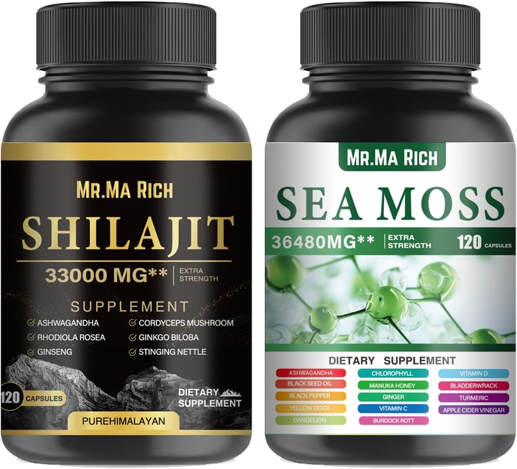 Sea Moss and Shilajit Capsule Bundle, Ashwagandha Rhodiola Rosea Ginseng Cordyceps Mushroom Ginkgo Biloba Stinging Nettle Magic Moss Blendim Black Seed Turmeric Bladderwack Burdock Black Pepper