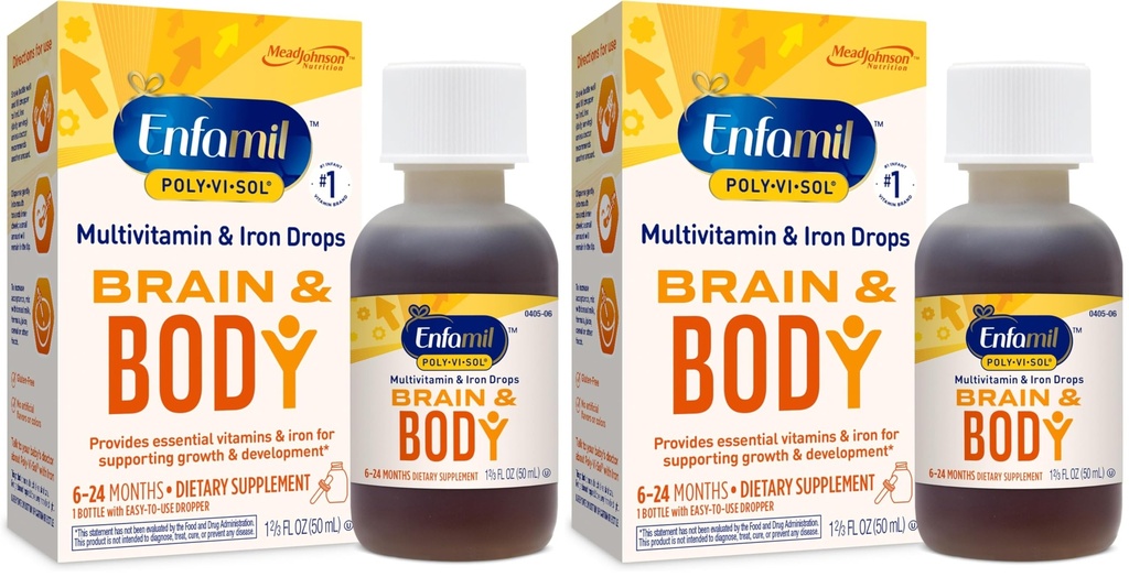 Enfamil Prenatals & Baby Vitamins Poly-Vi-Sol 8 Multi-Vitamins & Suplimentul de fier picături pentru sugari și copii mici, sprijină creșterea și dezvoltarea, 50 ml flacon picurător (Pachet de 2)