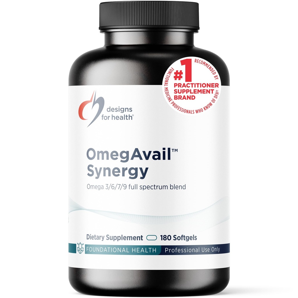 Proiectări pentru sănătate OmegAvail Sinergia - Complex Omega pentru adulți - Omega 3-6-7-9 Acidi grași din Borage și Macadamia Ulei + Trigliceride (TG) Ulei de pește cu DHA & EPA (180 Softgels)