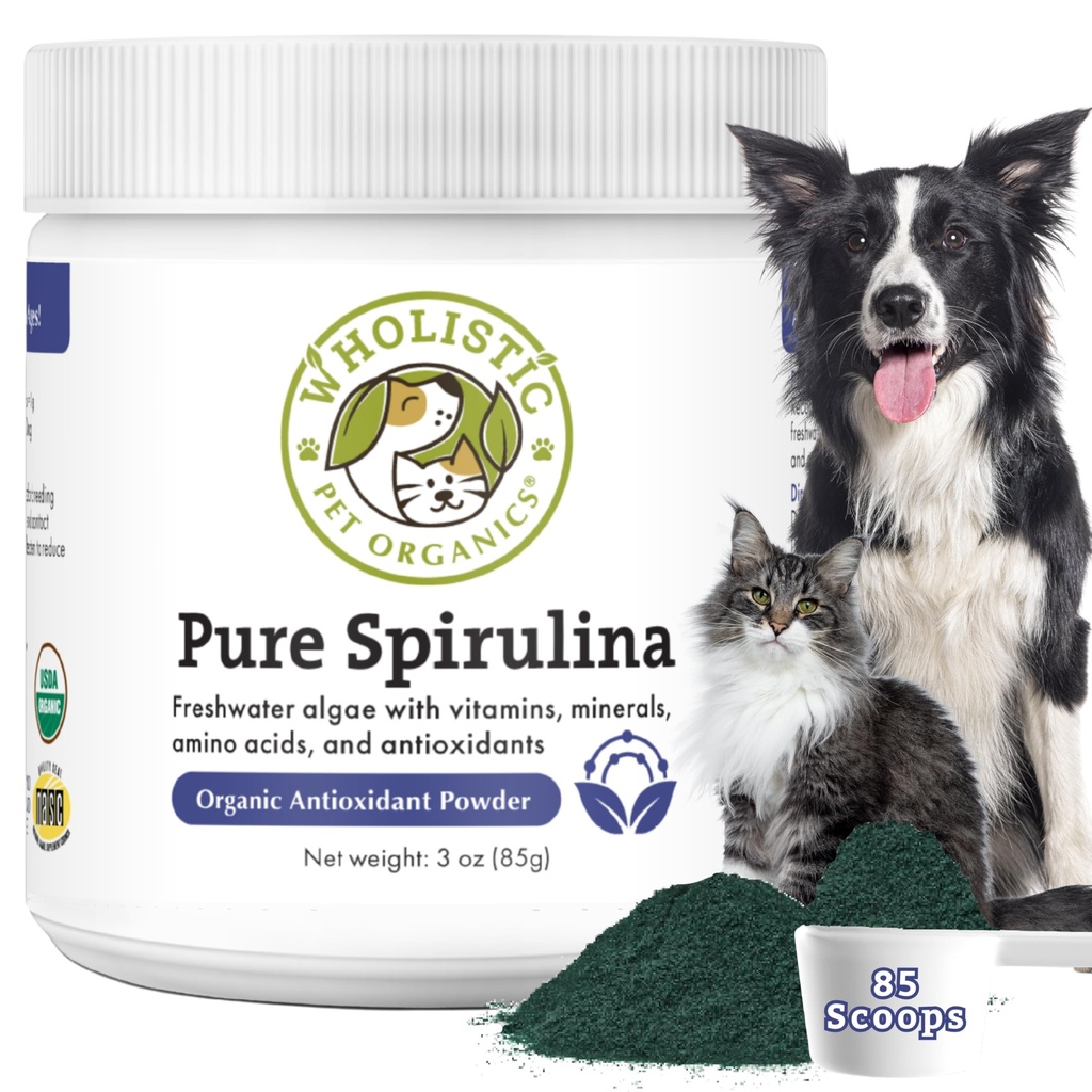 Wholistic Pet Organics Spirulina pentru câini - 3 Oz - Sprijină Sistemul imunitar sănătos și Alergia sezonieră - Suport antioxidant pe bază de plante pentru alimente de casă - Ecologic Dog Food Topper - Proaspăt Made in USA