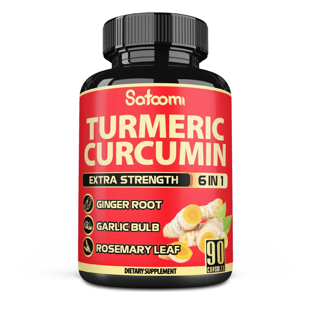 Satoomi 6in1 Suplimentul Curcumin Turmeric - 3 luni de aprovizionare - 95% Curcuminoide cu rădăcină de ghimbir, usturoi Bulb, Rosemary & Black Pepper - 90 capsule